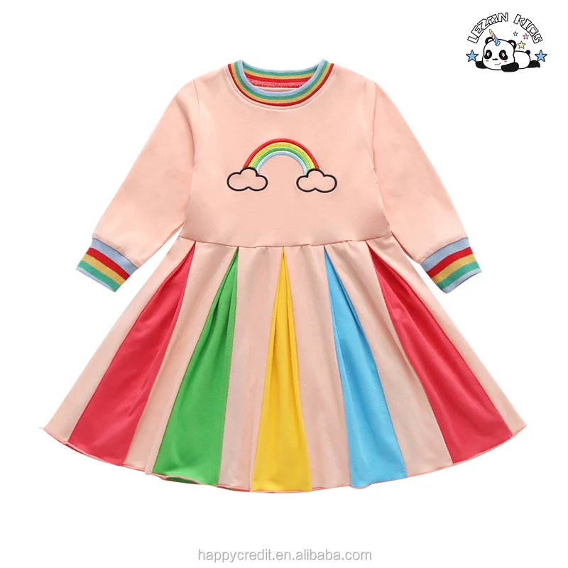 LEZONKIDS - Autumn Long Sleeved Rainbow Colorblock Embroidery Girls Party Dress for Kids Aged 2-14 Years